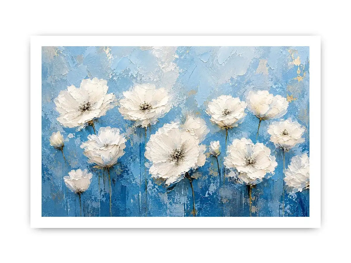 White floral abstract wall art with textured blue background and elegant modern botanical painting aesthetic