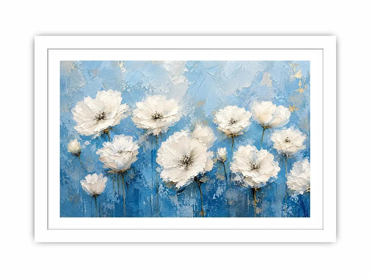White floral abstract wall art with textured blue background and elegant modern botanical painting aesthetic