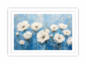 White floral abstract wall art with textured blue background and elegant modern botanical painting aesthetic