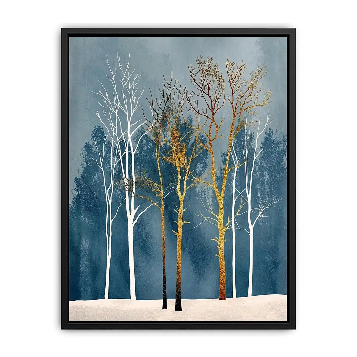 Minimalist gold tree forest wall art with soft blue background and Scandinavian botanical design for modern interiors
