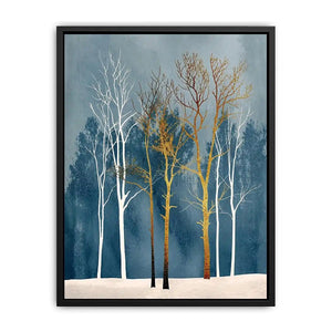 Minimalist gold tree forest wall art with soft blue background and Scandinavian botanical design for modern interiors
