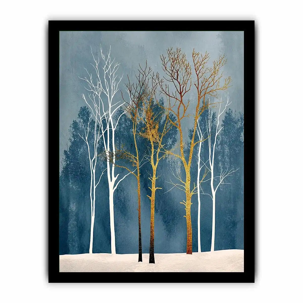 Minimalist gold tree forest wall art with soft blue background and Scandinavian botanical design for modern interiors