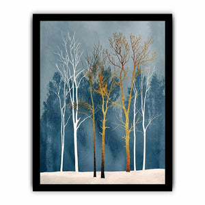 Minimalist gold tree forest wall art with soft blue background and Scandinavian botanical design for modern interiors