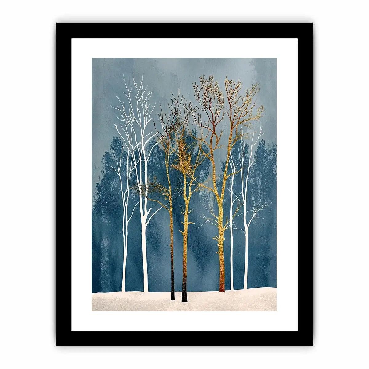 Minimalist gold tree forest wall art with soft blue background and Scandinavian botanical design for modern interiors
