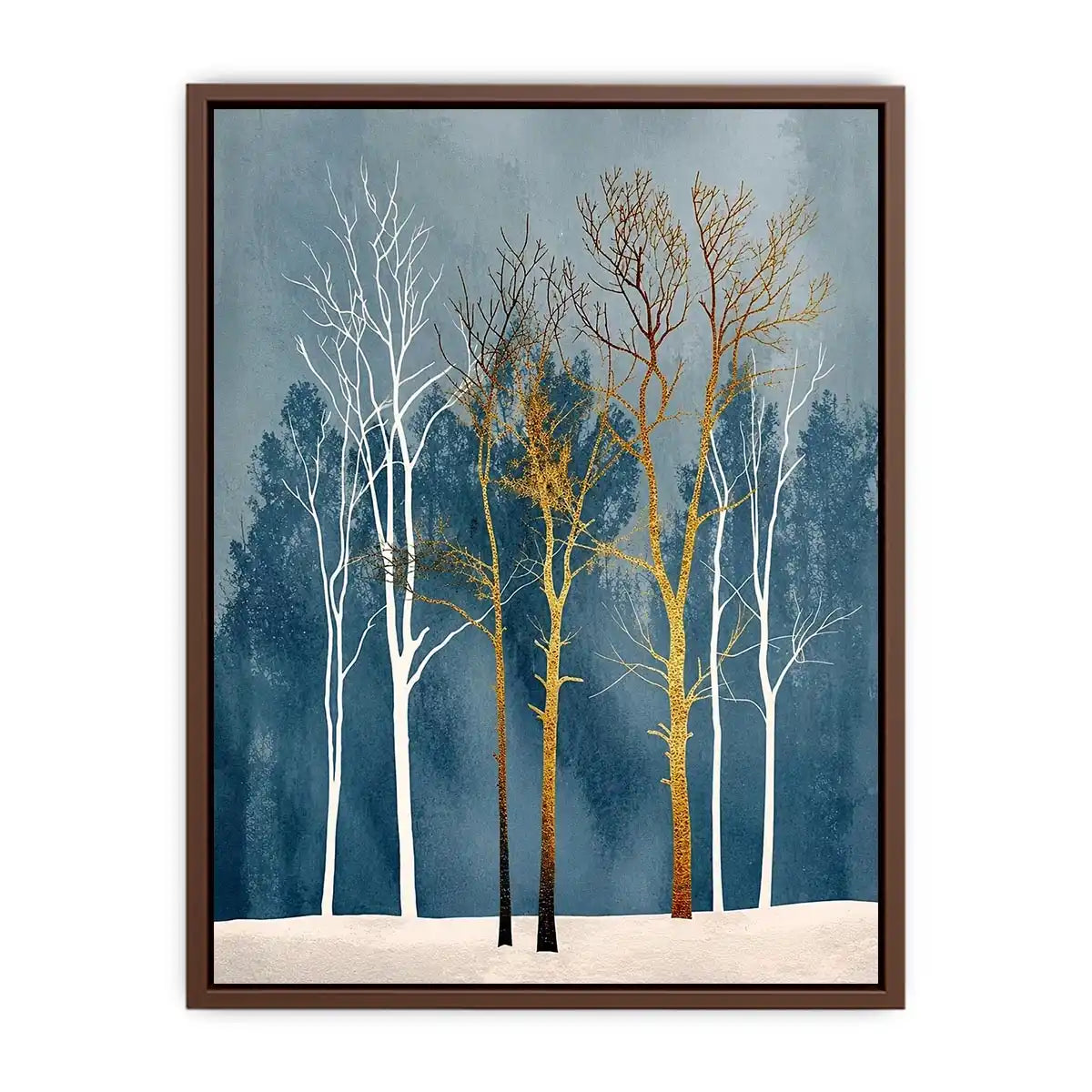 Minimalist gold tree forest wall art with soft blue background and Scandinavian botanical design for modern interiors