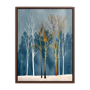 Minimalist gold tree forest wall art with soft blue background and Scandinavian botanical design for modern interiors