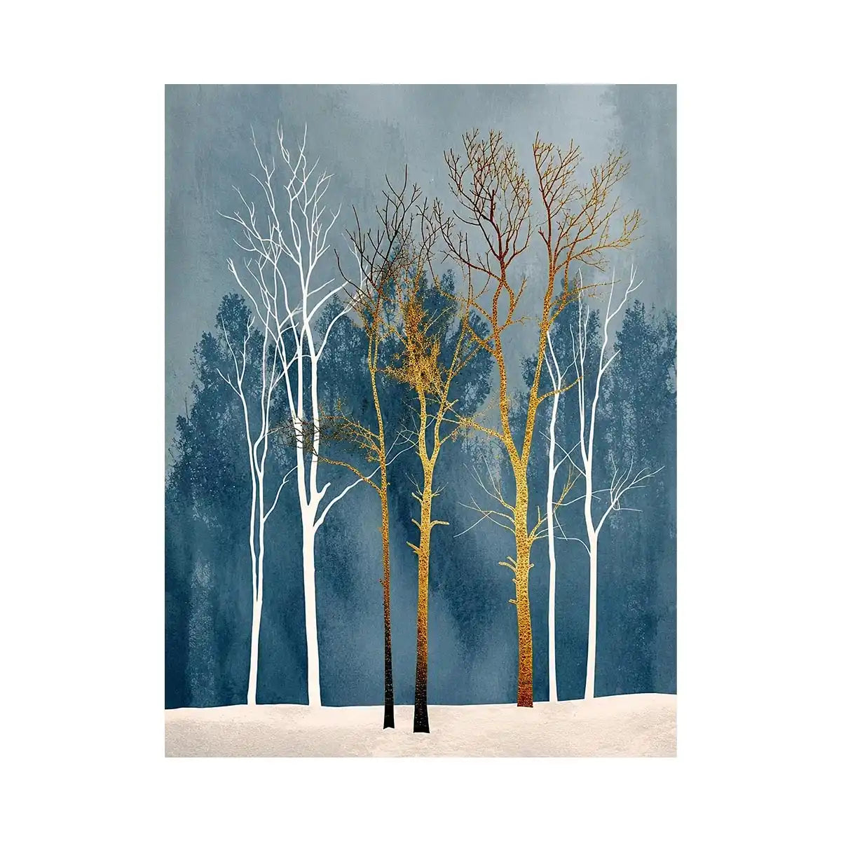 Minimalist gold tree forest wall art with soft blue background and Scandinavian botanical design for modern interiors