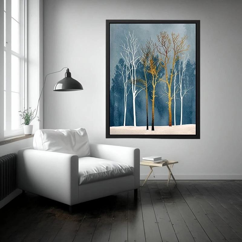 Minimalist gold tree forest wall art with soft blue background and Scandinavian botanical design for modern interiors
