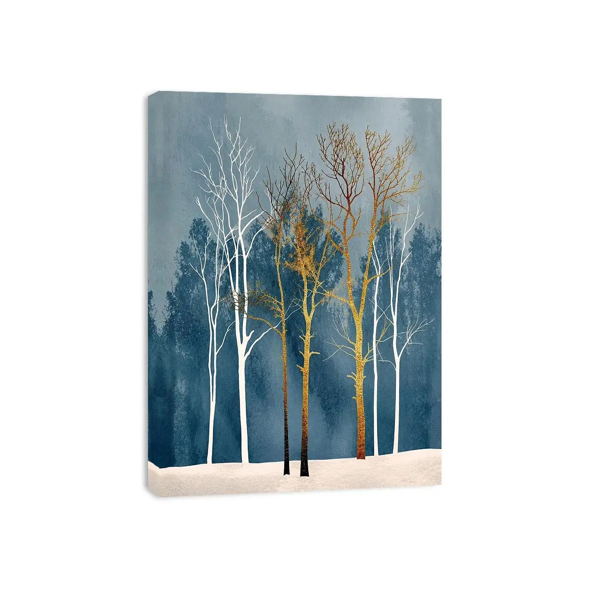Minimalist gold tree forest wall art with soft blue background and Scandinavian botanical design for modern interiors