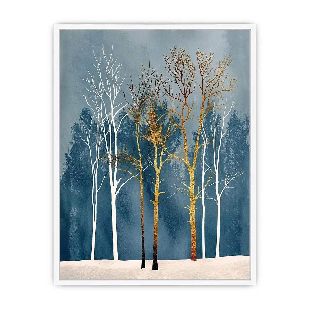 Minimalist gold tree forest wall art with soft blue background and Scandinavian botanical design for modern interiors