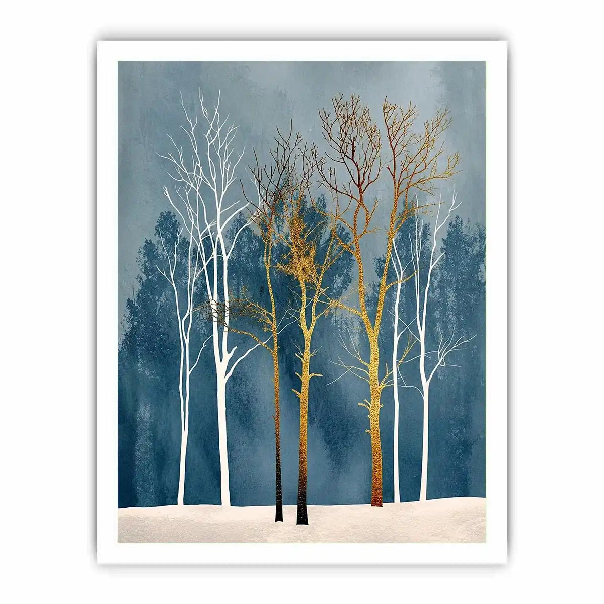 Minimalist gold tree forest wall art with soft blue background and Scandinavian botanical design for modern interiors