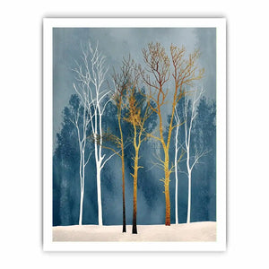 Minimalist gold tree forest wall art with soft blue background and Scandinavian botanical design for modern interiors