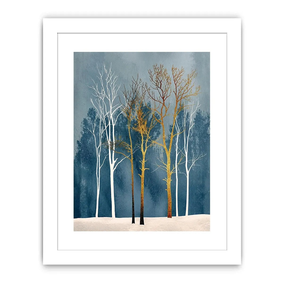 Minimalist gold tree forest wall art with soft blue background and Scandinavian botanical design for modern interiors
