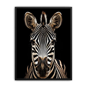 Black and white zebra portrait wall art with dramatic wildlife photography and minimalist safari aesthetic for modern decor