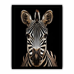 Black and white zebra portrait wall art with dramatic wildlife photography and minimalist safari aesthetic for modern decor