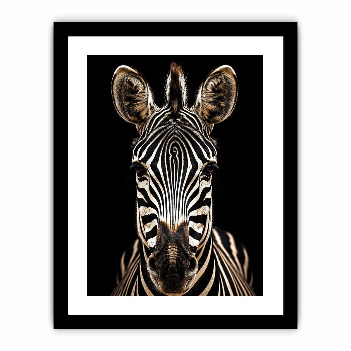 Black and white zebra portrait wall art with dramatic wildlife photography and minimalist safari aesthetic for modern decor