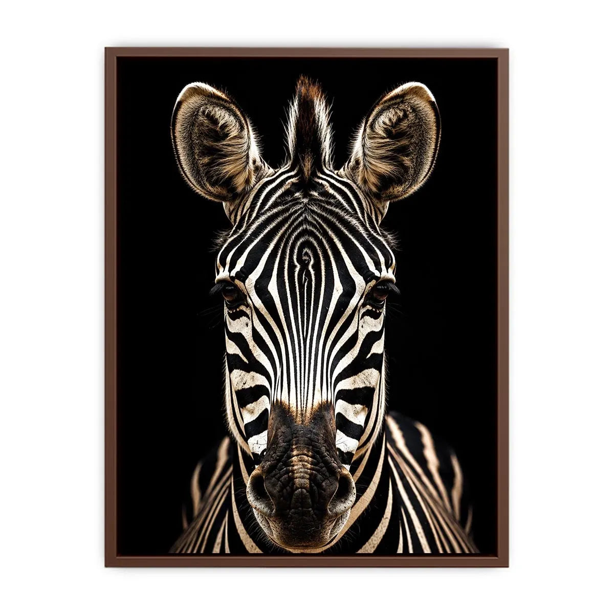 Black and white zebra portrait wall art with dramatic wildlife photography and minimalist safari aesthetic for modern decor