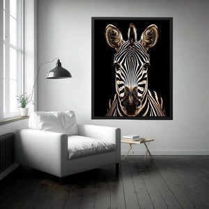 Black and white zebra portrait wall art with dramatic wildlife photography and minimalist safari aesthetic for modern decor