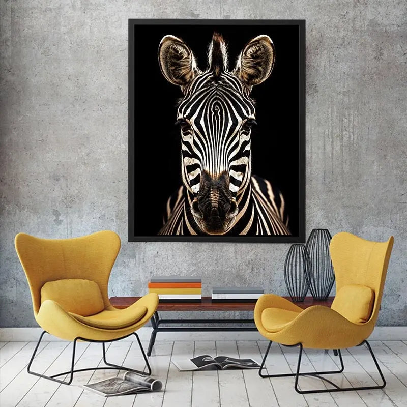Black and white zebra portrait wall art with dramatic wildlife photography and minimalist safari aesthetic for modern decor