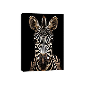 Black and white zebra portrait wall art with dramatic wildlife photography and minimalist safari aesthetic for modern decor