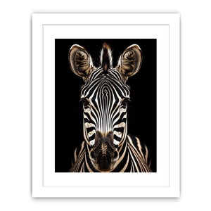Black and white zebra portrait wall art with dramatic wildlife photography and minimalist safari aesthetic for modern decor