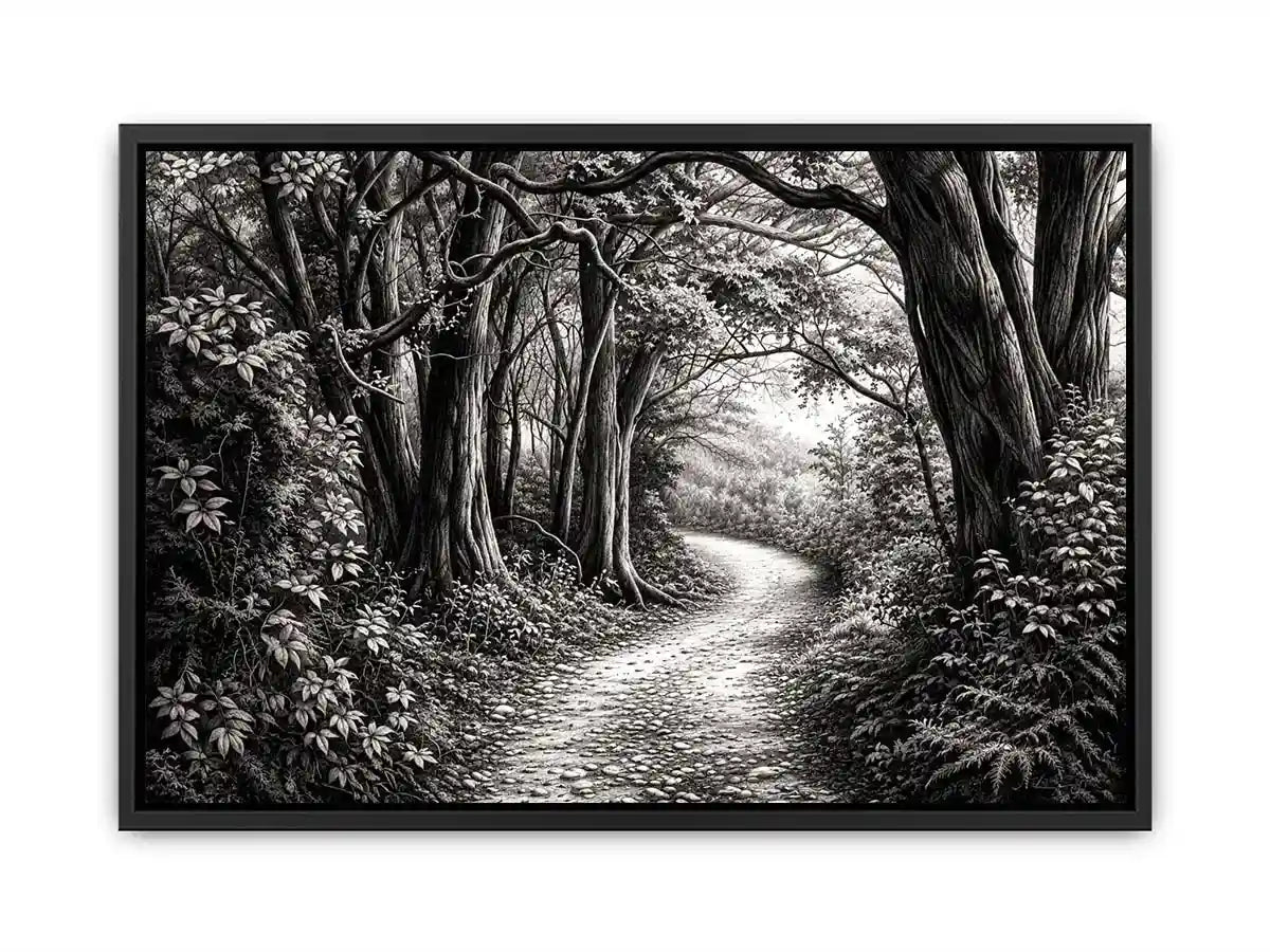 Black and white forest path wall art with detailed woodland trees and vintage nature illustration aesthetic