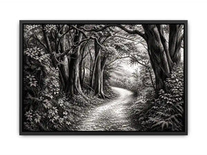 Black and white forest path wall art with detailed woodland trees and vintage nature illustration aesthetic