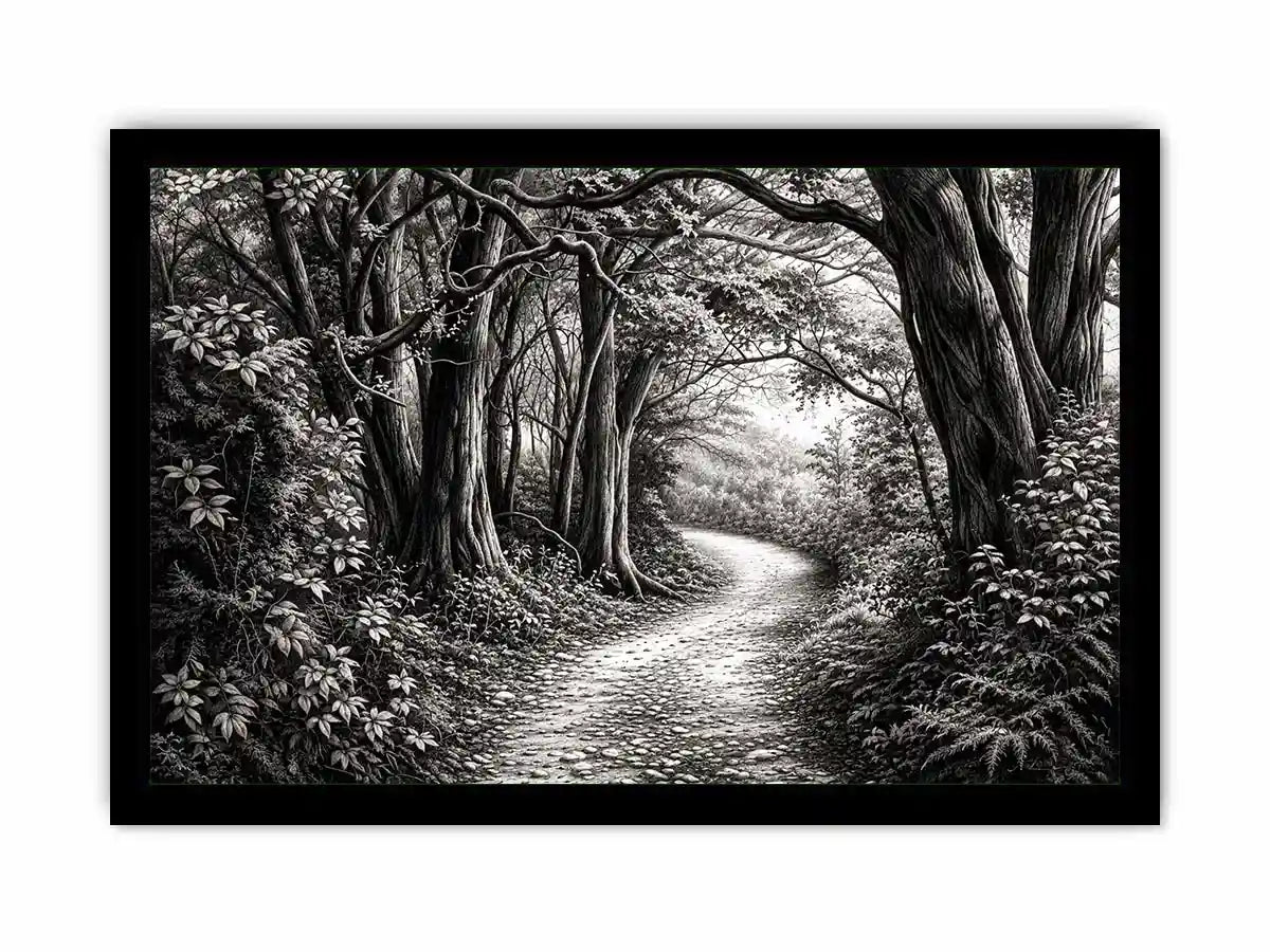 Black and white forest path wall art with detailed woodland trees and vintage nature illustration aesthetic