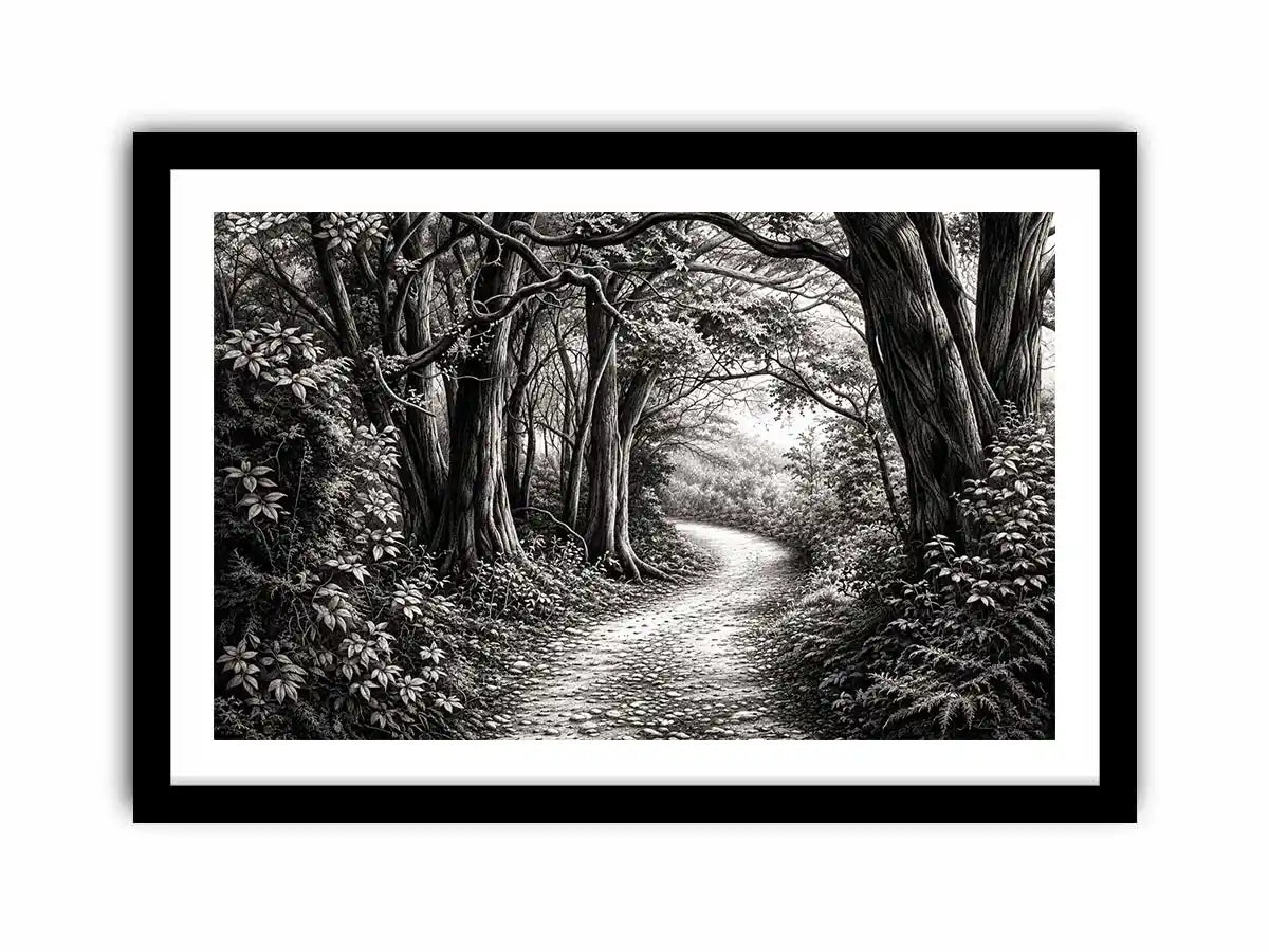 Black and white forest path wall art with detailed woodland trees and vintage nature illustration aesthetic