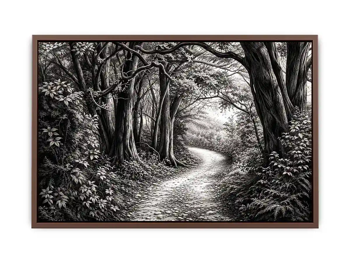 Black and white forest path wall art with detailed woodland trees and vintage nature illustration aesthetic