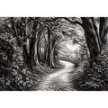 Black and white forest path wall art with detailed woodland trees and vintage nature illustration aesthetic