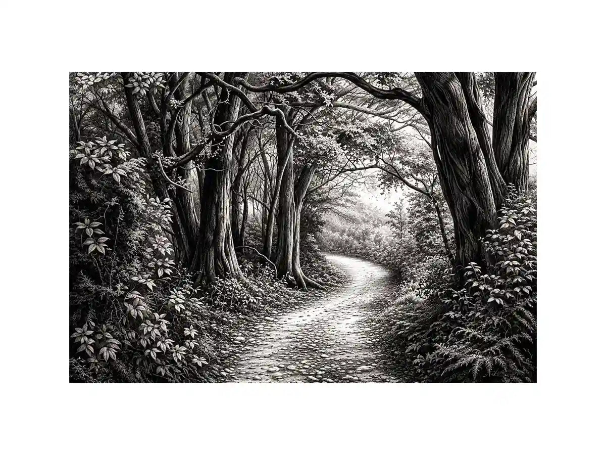 Black and white forest path wall art with detailed woodland trees and vintage nature illustration aesthetic