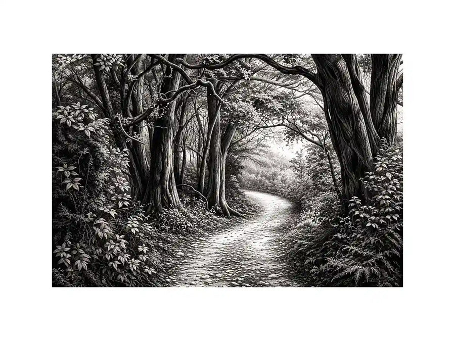Black and white forest path wall art with detailed woodland trees and vintage nature illustration aesthetic