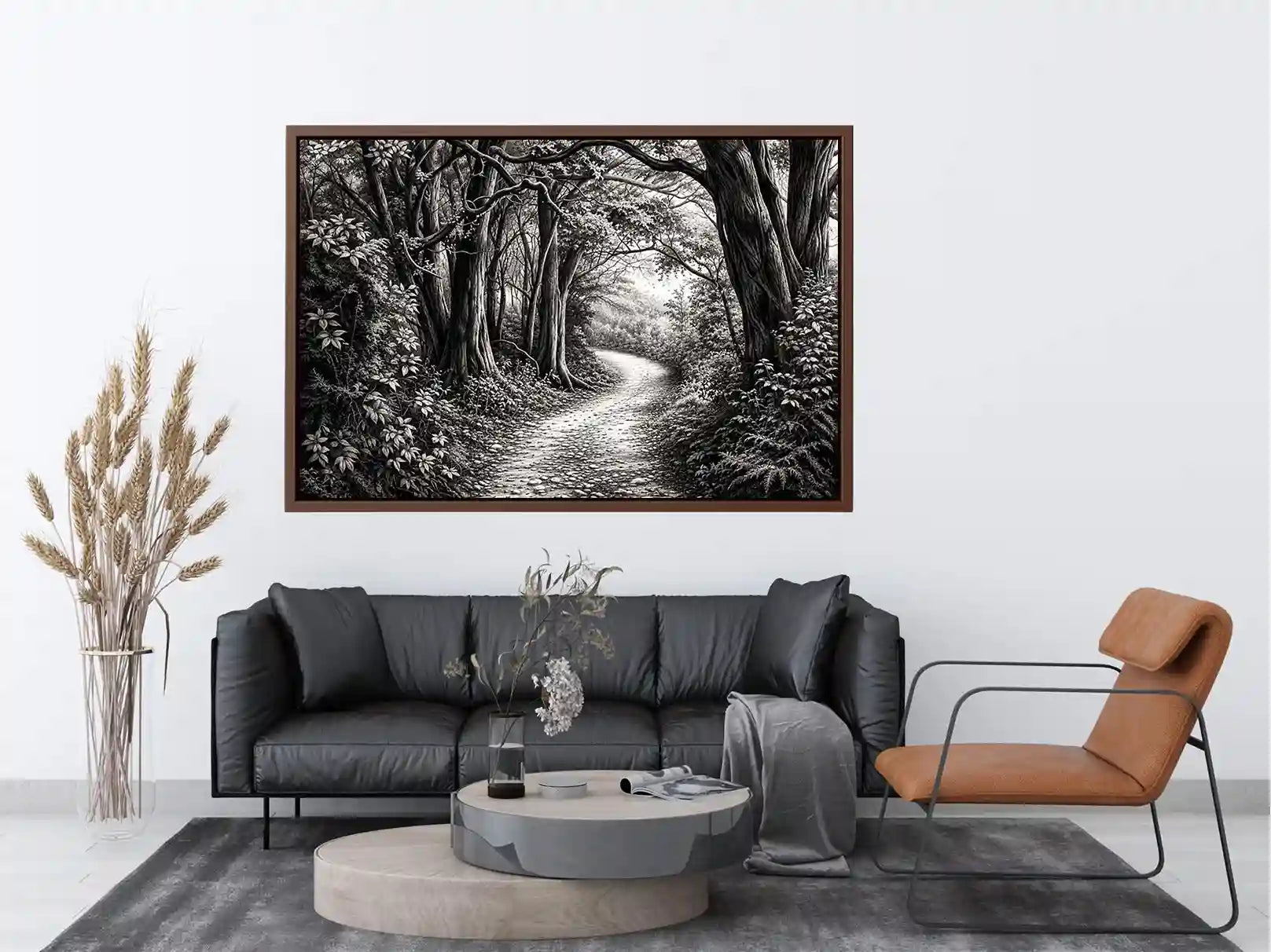 Black and white forest path wall art with detailed woodland trees and vintage nature illustration aesthetic