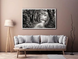 Black and white forest path wall art with detailed woodland trees and vintage nature illustration aesthetic