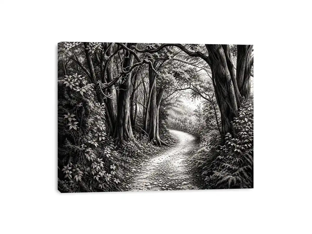 Black and white forest path wall art with detailed woodland trees and vintage nature illustration aesthetic