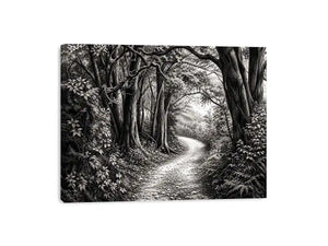 Black and white forest path wall art with detailed woodland trees and vintage nature illustration aesthetic