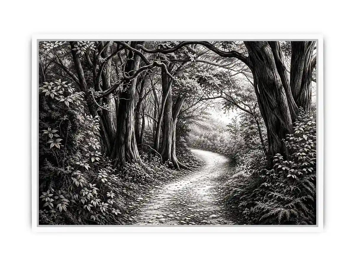 Black and white forest path wall art with detailed woodland trees and vintage nature illustration aesthetic