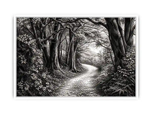 Black and white forest path wall art with detailed woodland trees and vintage nature illustration aesthetic