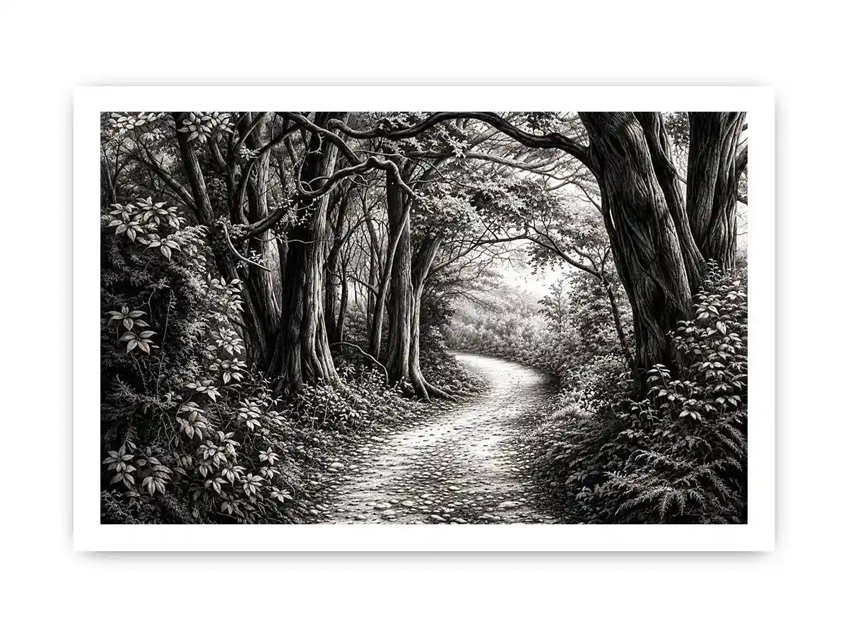 Black and white forest path wall art with detailed woodland trees and vintage nature illustration aesthetic