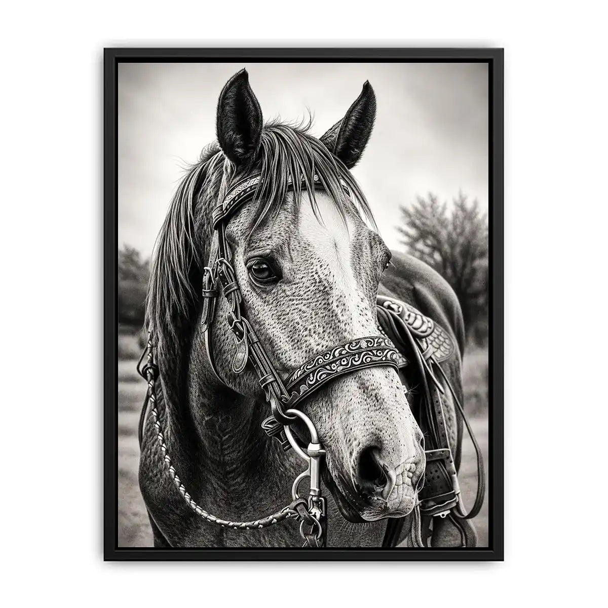 Black and white horse portrait wall art with detailed western bridle and elegant monochrome countryside aesthetic