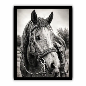 Black and white horse portrait wall art with detailed western bridle and elegant monochrome countryside aesthetic