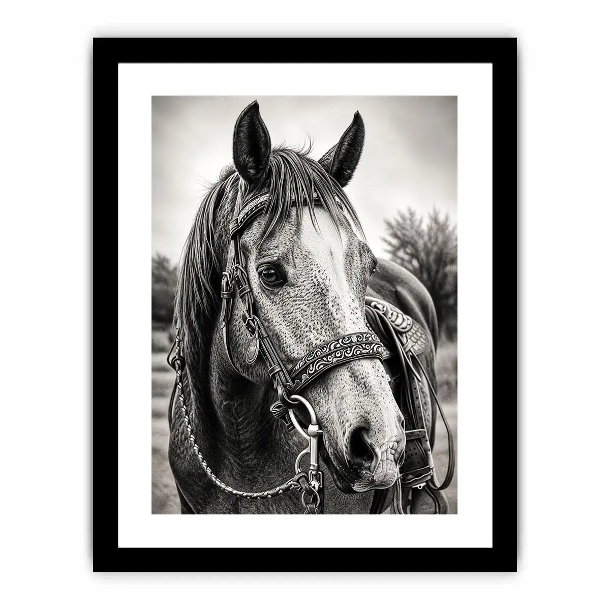 Black and white horse portrait wall art with detailed western bridle and elegant monochrome countryside aesthetic