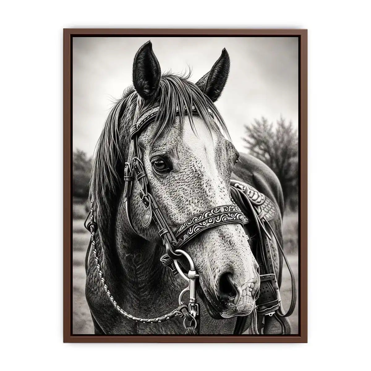 Black and white horse portrait wall art with detailed western bridle and elegant monochrome countryside aesthetic