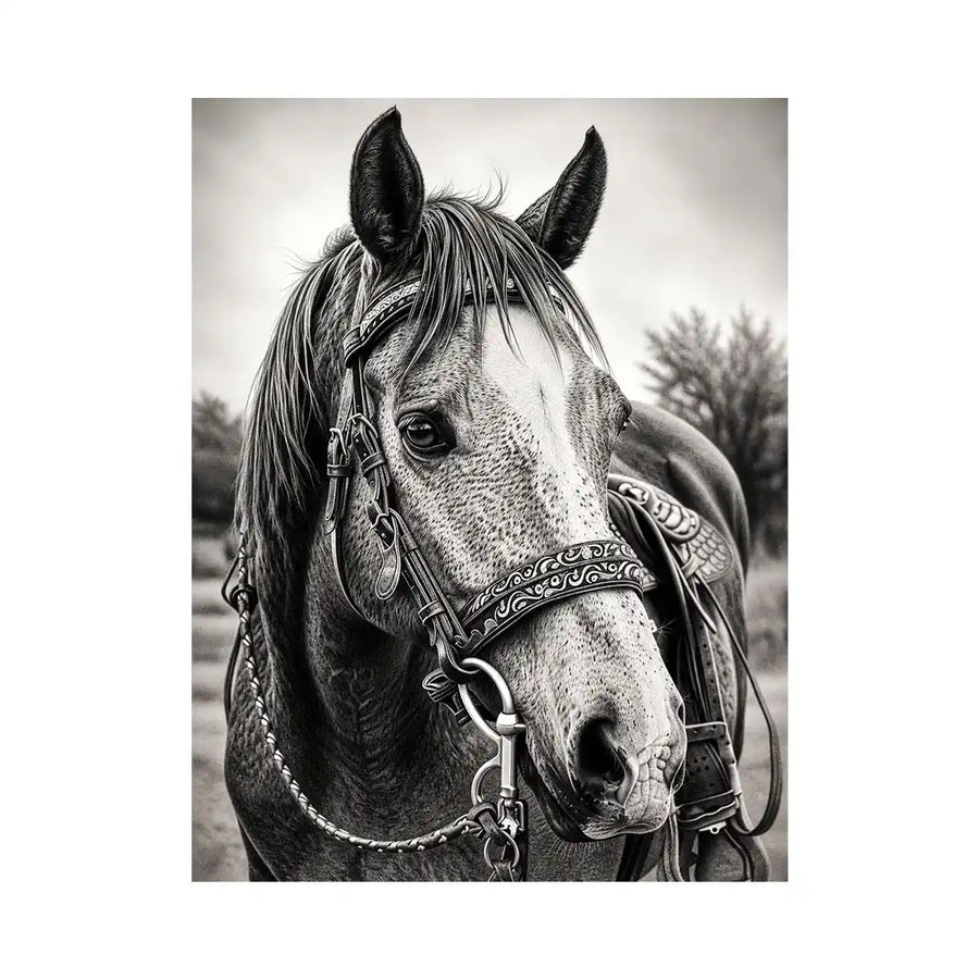 Black and white horse portrait wall art with detailed western bridle and elegant monochrome countryside aesthetic