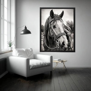 Black and white horse portrait wall art with detailed western bridle and elegant monochrome countryside aesthetic