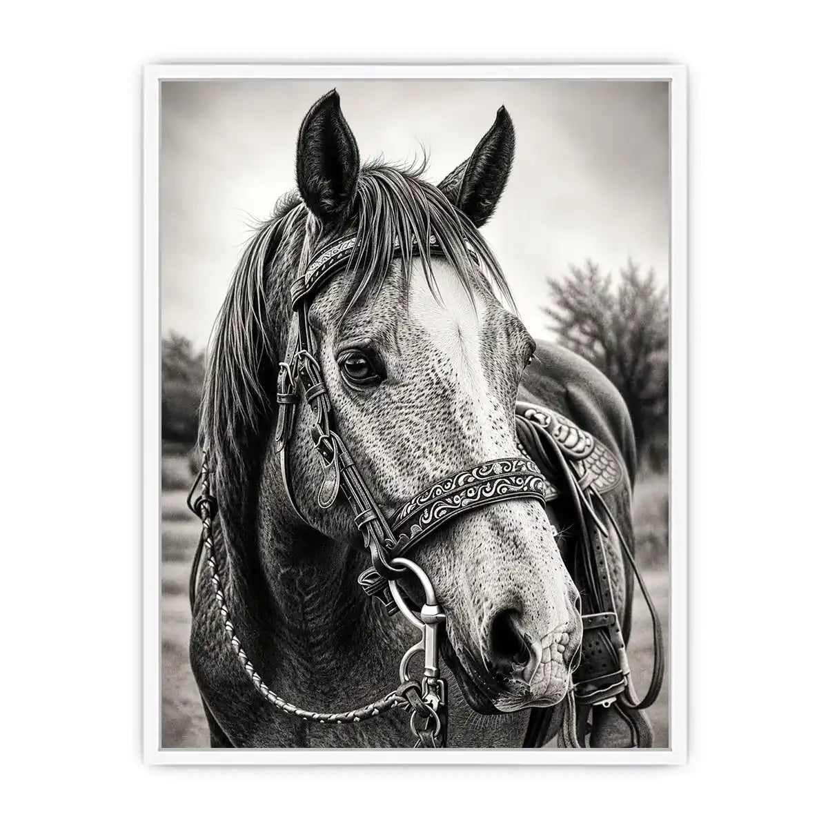 Black and white horse portrait wall art with detailed western bridle and elegant monochrome countryside aesthetic