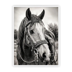 Black and white horse portrait wall art with detailed western bridle and elegant monochrome countryside aesthetic