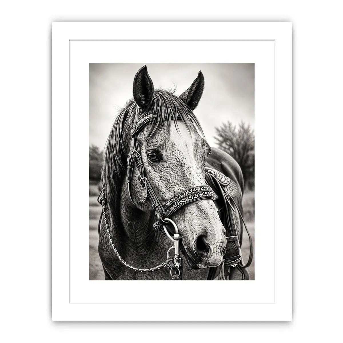 Black and white horse portrait wall art with detailed western bridle and elegant monochrome countryside aesthetic