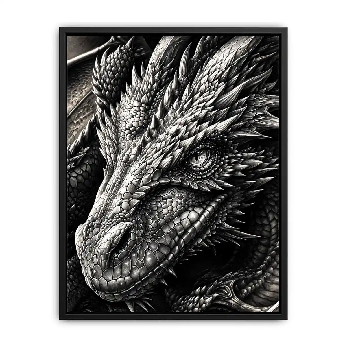 Detailed black and white dragon wall art with intricate fantasy scales and powerful mythical creature illustration